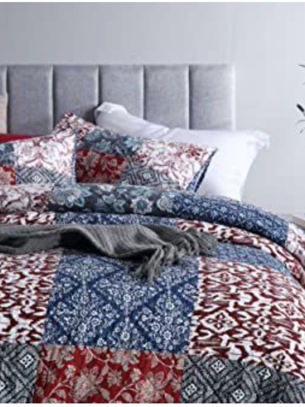 Patchwork Floral & Geometric Quilt Set in Red, Blue and Gray - Picture 5 of 9